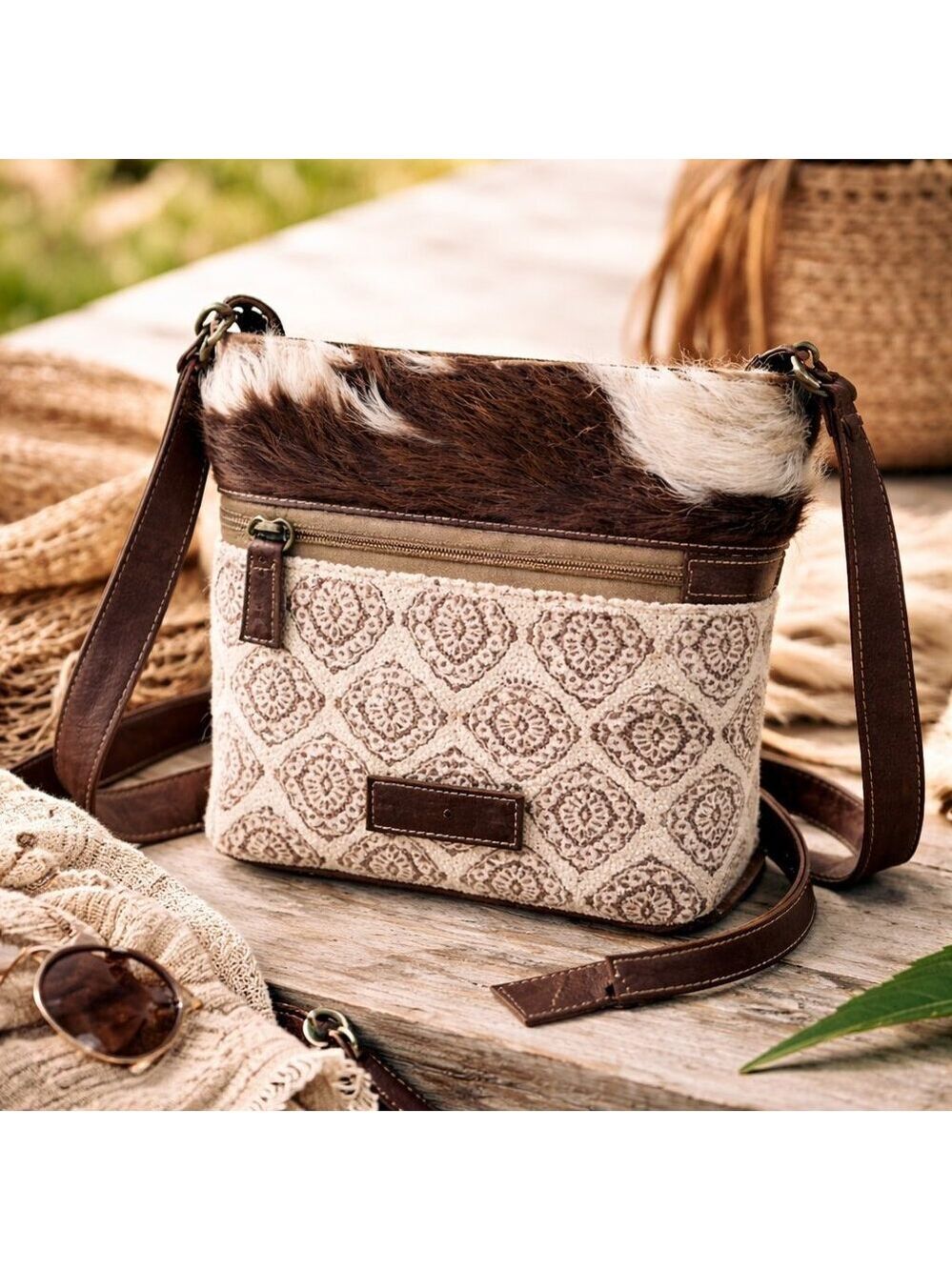 Myra Bag Sixtease Hair-On Hide Canvas Leather Crossbody | Boho Artisan